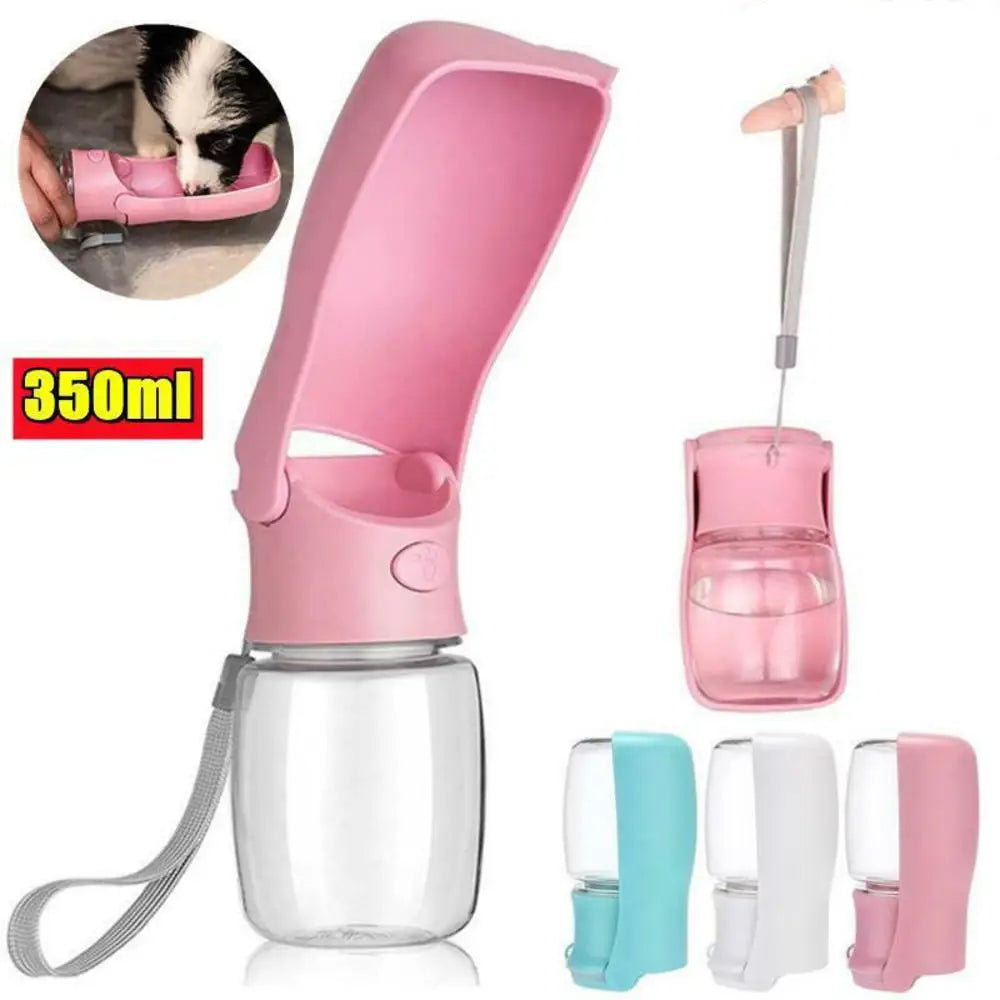 image shows the portable water bottle. the background is white. on the top left corner is a circle photo that shows a dog drinking water from the portable bottle. below it is a red box with 350ml written in yellow font. Beside it is a big photo of the pink variant of the portable water bottle. on the right side of the image is again the bottle and below it - the three variants of the product which are a blue variant, white variant, and pink variant. 