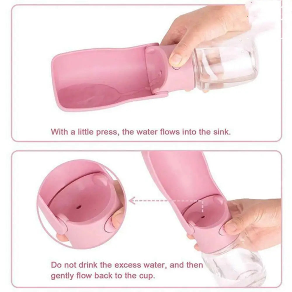 The image shows 2 rectangles with features of the portable water bottle for dogs. on the first one is a person pressing a button with his thumb on the bottle and water in the sink of the bottle and a text below it that says "With a little press, the water flows into the sink". On the rectangle below is shown the  k