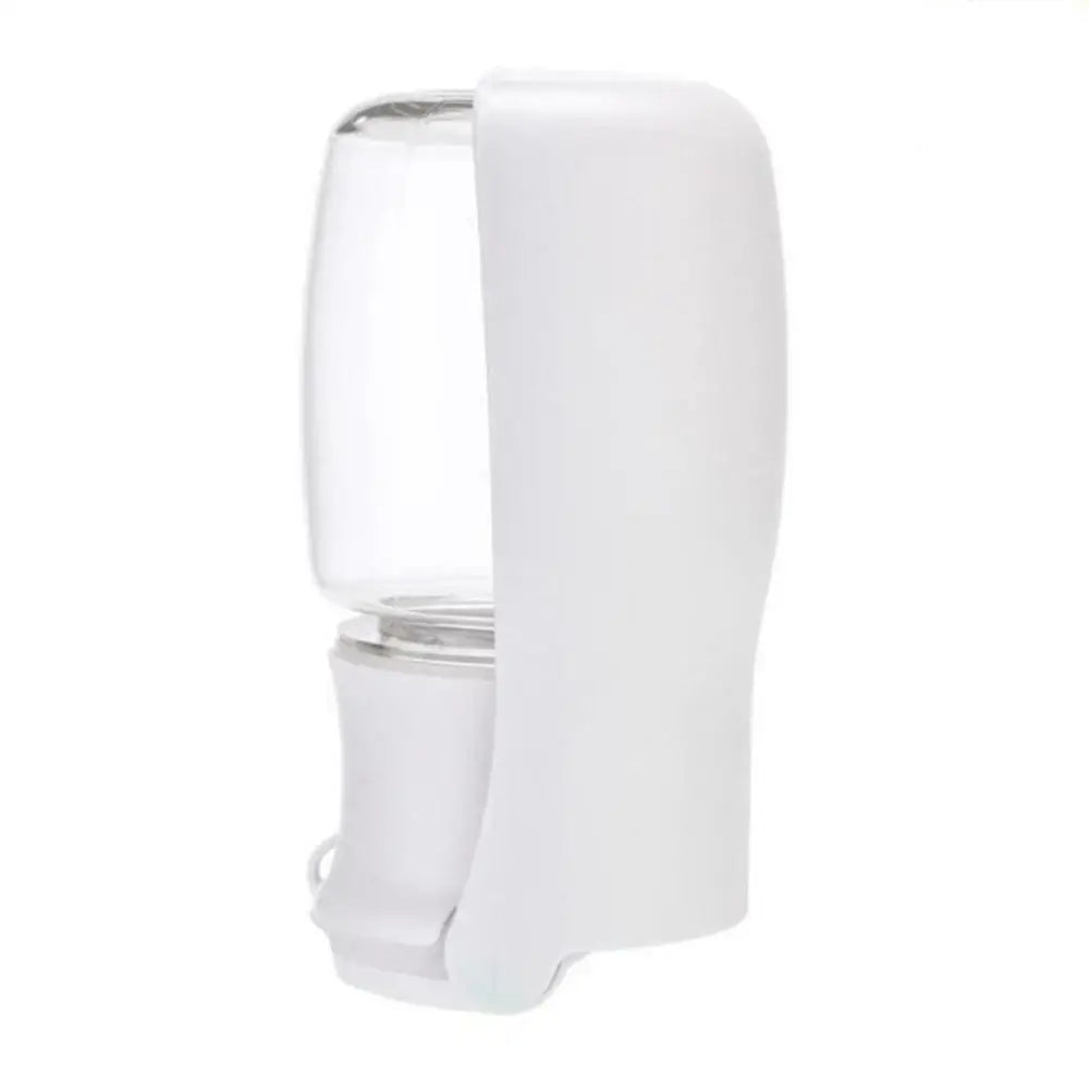 white variant of the portable water and food bottle for dogs and cats. its a transparent container with a white sink.