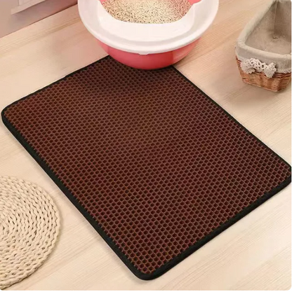 coffee brown cat litter mat/pad and a litter box 