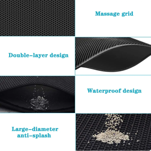 features of cat litter mat - massage grid, double-layer design, waterproof design, large diameter, anti-splash